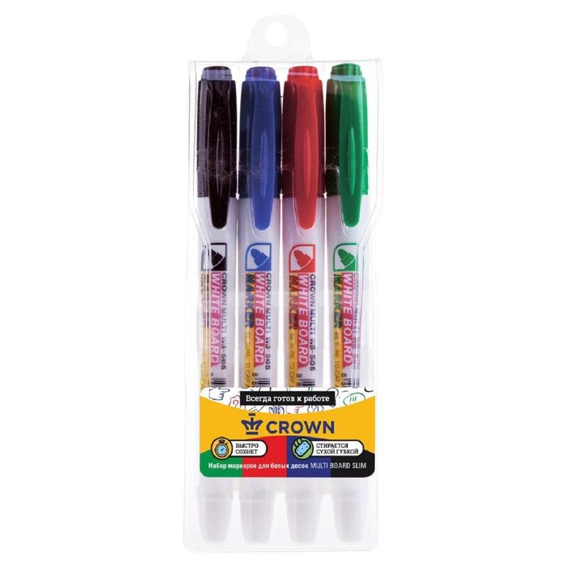 НАБОР Маркеры д/доски 4 цв."CROWN "Multi Marker Slim", 2мм/12