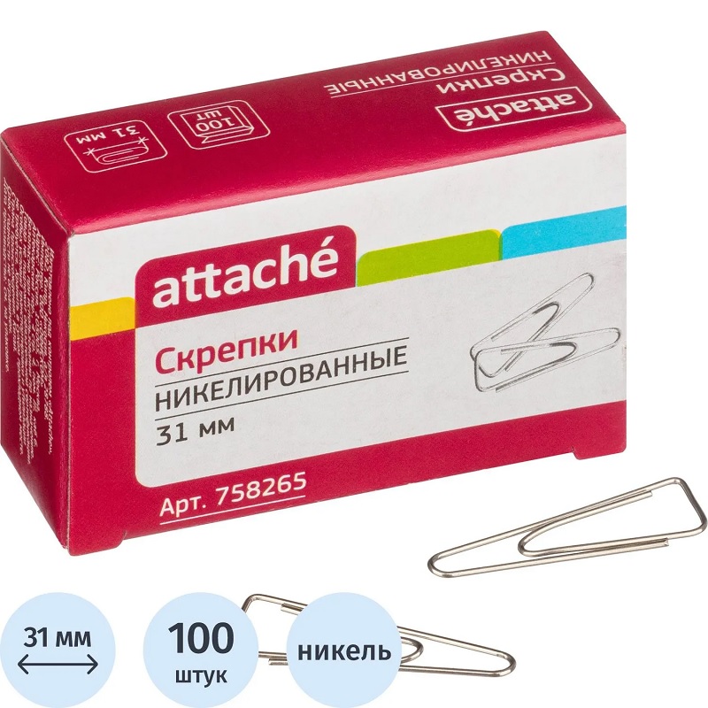 Скрепки метал. 31 мм угл. Attache никел. (100шт), к/уп.