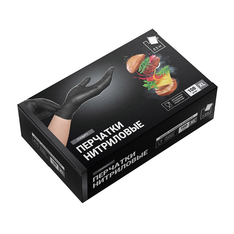 Перчатки ADM нитриловые р.XL, черные, 50пар/уп