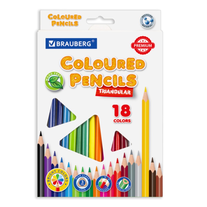 Карандаши 18 цв. Brauberg "Premium", трехгран.корп., карт.уп.